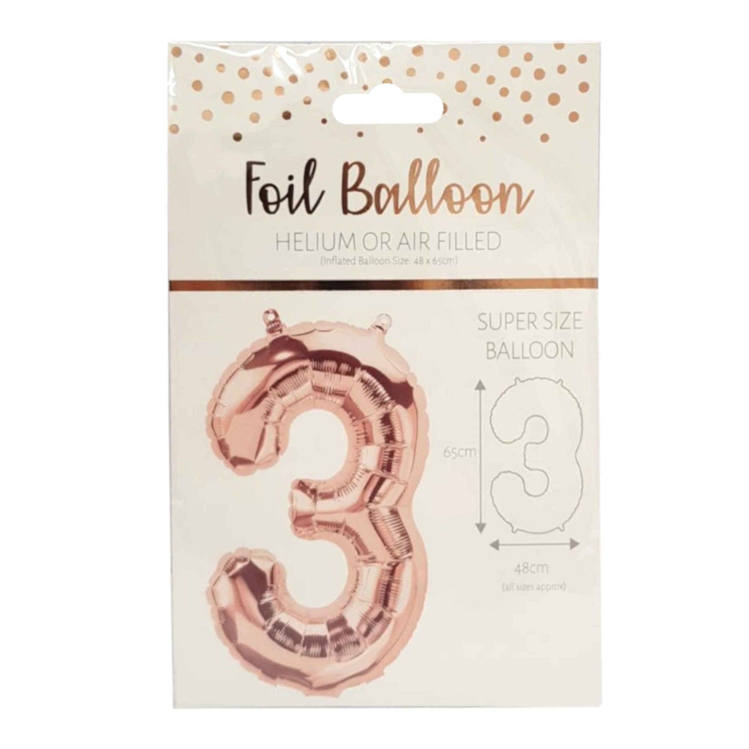 Number 3 Foil Balloon | Rose Gold | 65cm