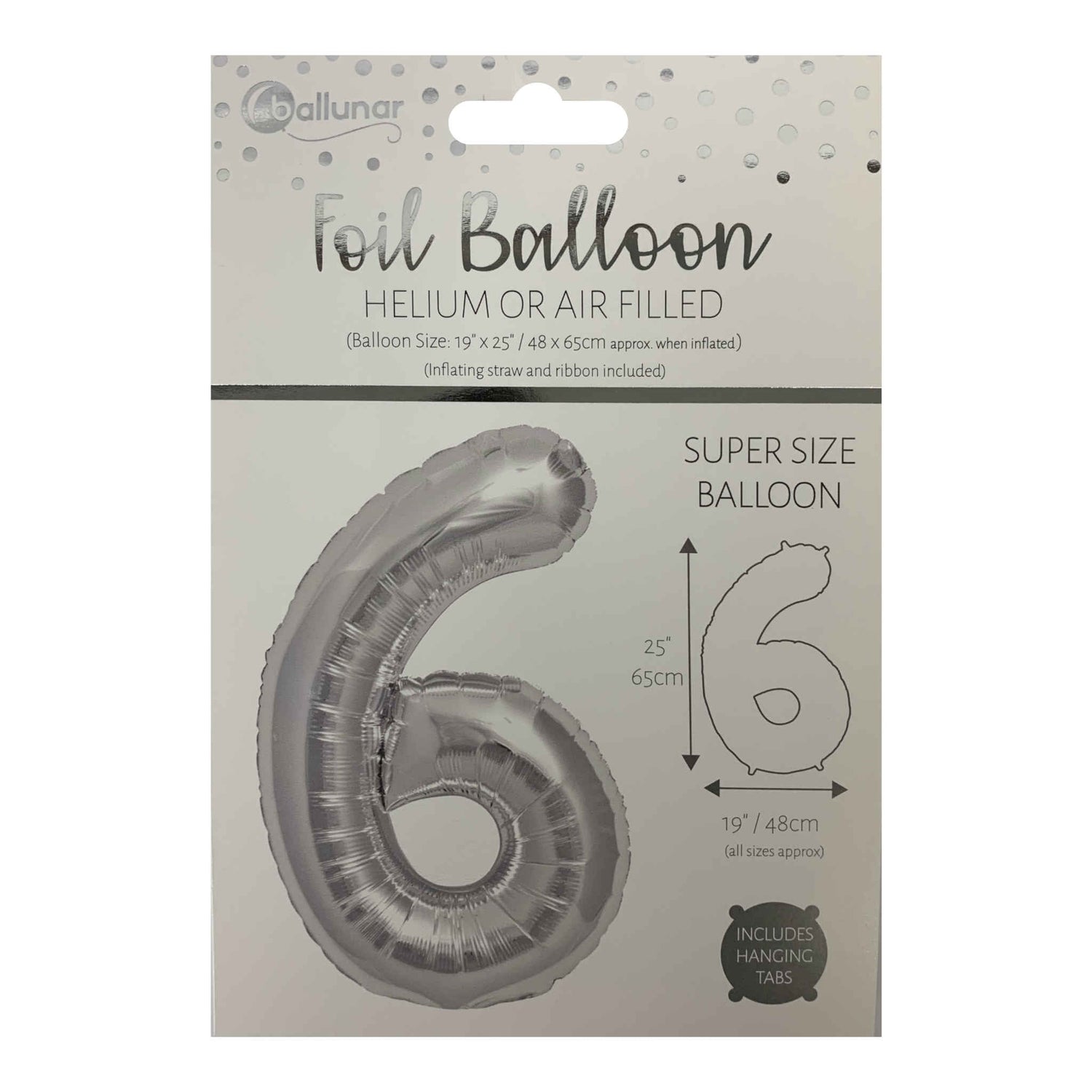 Number 6 Foil Balloon | Silver | 65cm