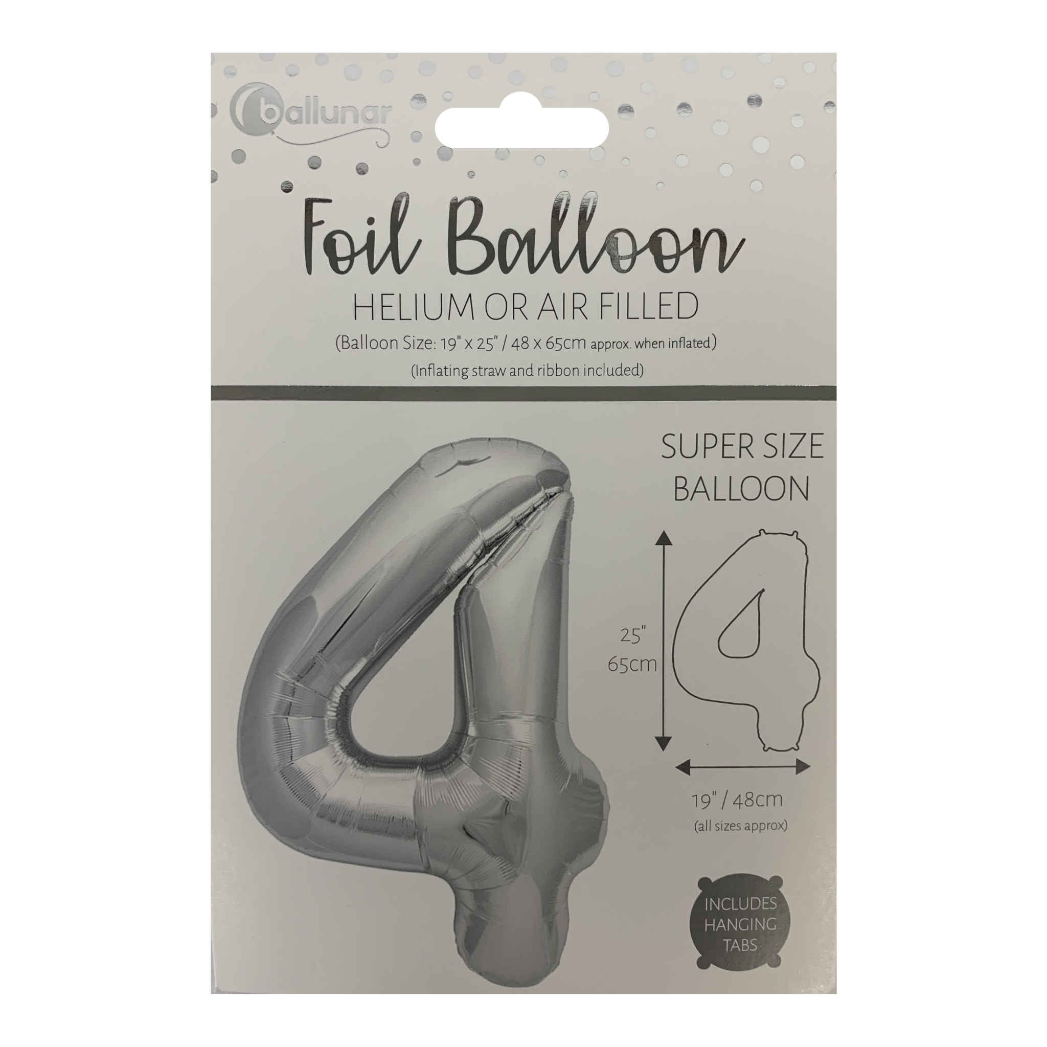 Number 4 Foil Balloon | Silver | 65cm