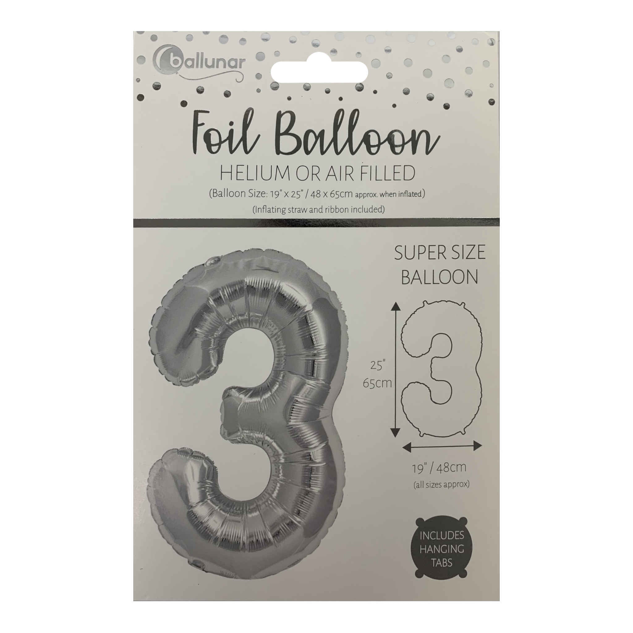Number 3 Foil Balloon | Silver | 65cm