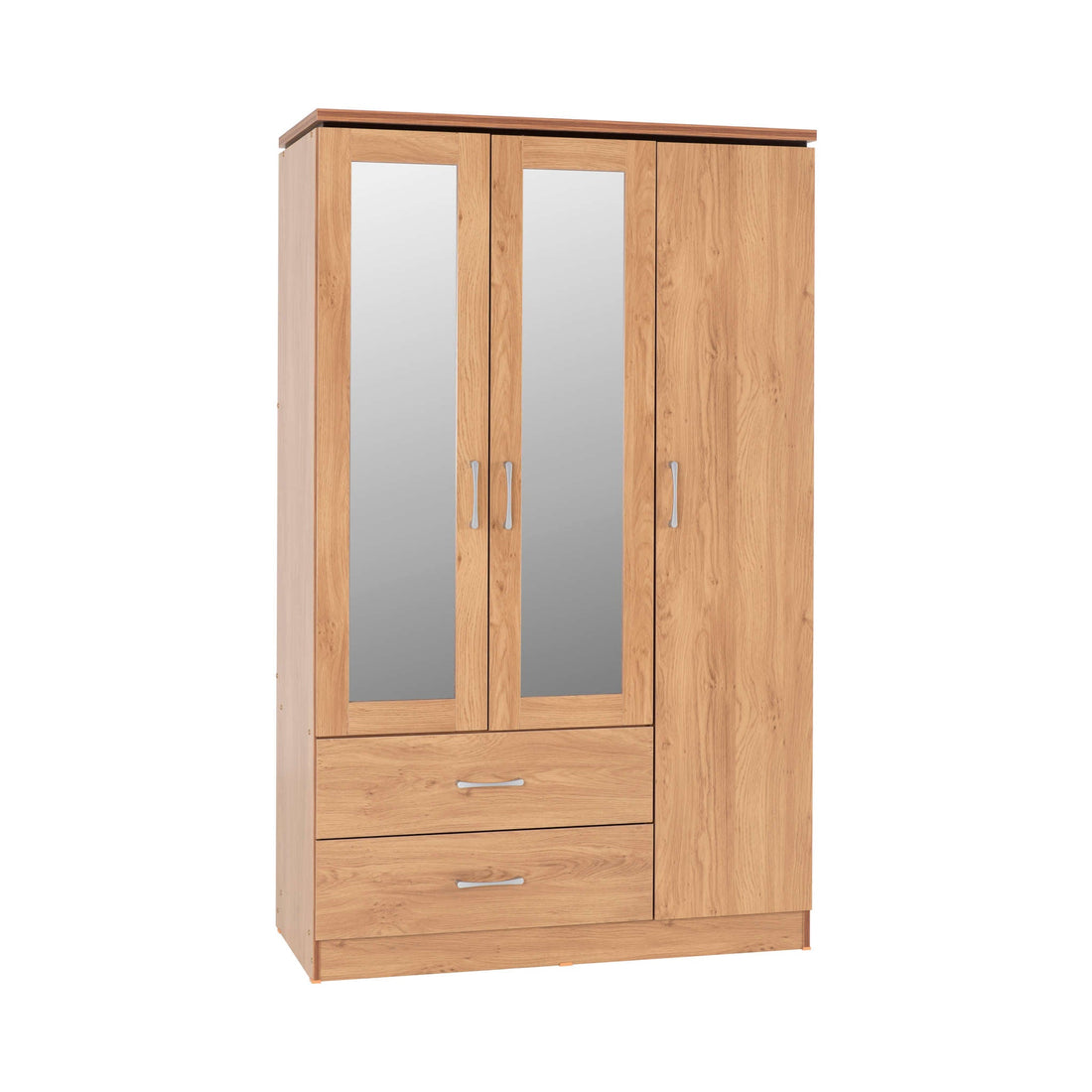 Charles 3 Door 2 Drawer Mirrored Wardrobe (Oak Effect Veneer with Walnut Trim)
