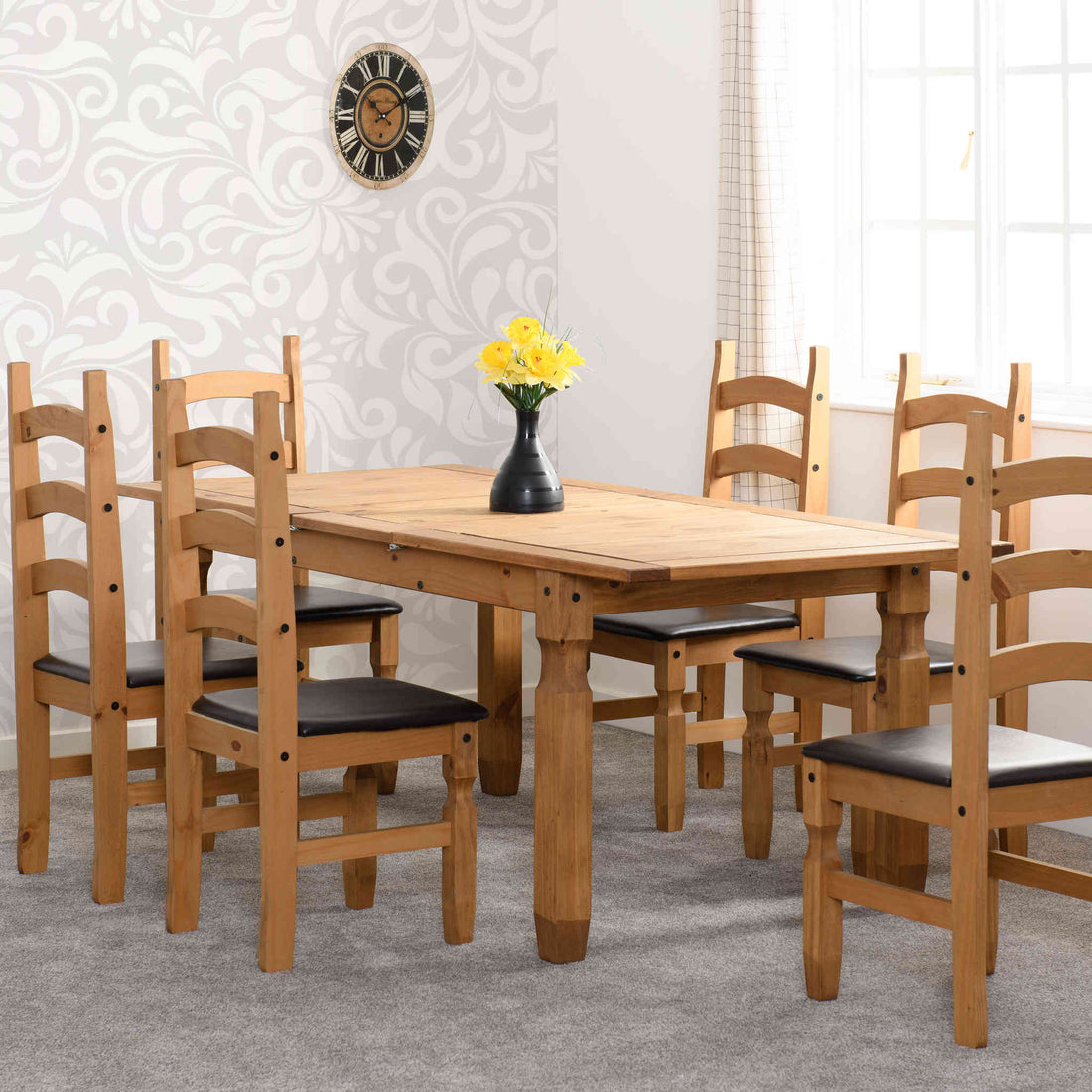 Corona Extending Dining Set (Distressed Waxed Pine/Brown Faux Leather) | Set of 6