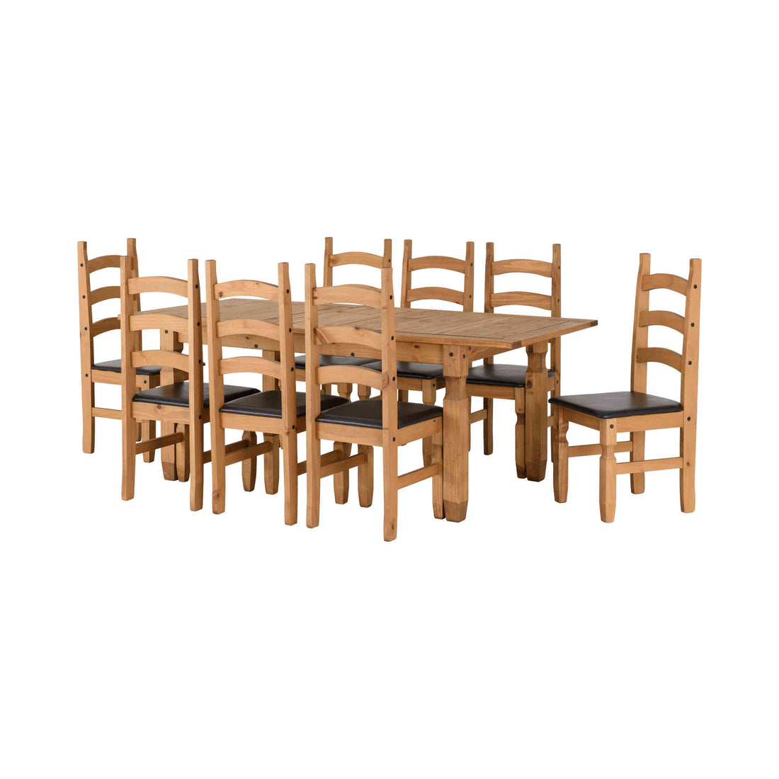 Corona Extending Dining Set (Distressed Waxed Pine/Brown Faux Leather) | Set of 8