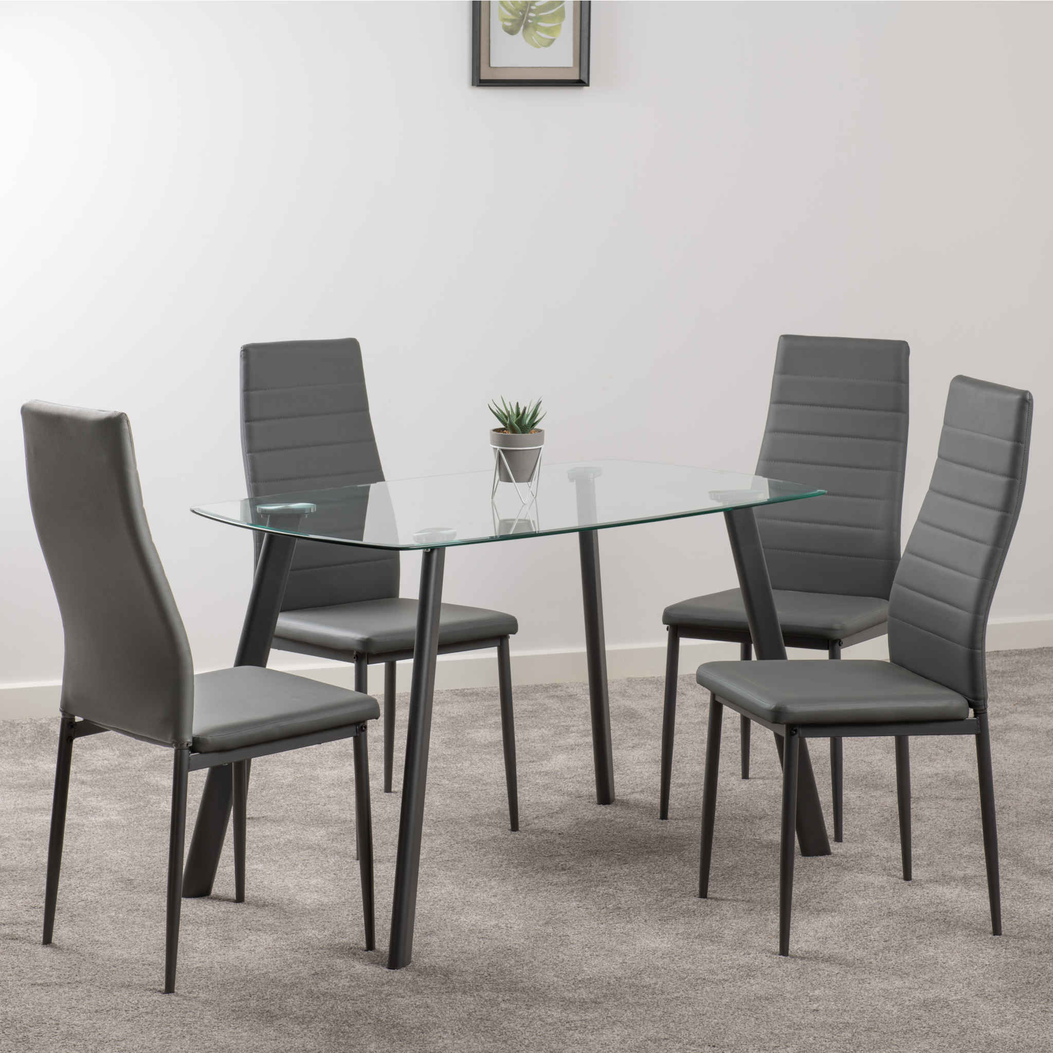 Abbey Dining Set (Clear Glass/Grey/Grey Faux Leather)