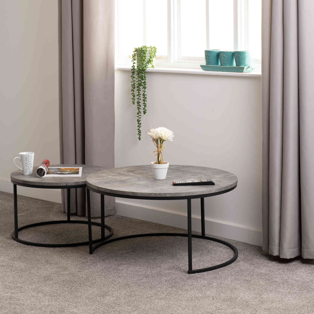 Athens Round Coffee Table Set (Concrete Effect/Black)