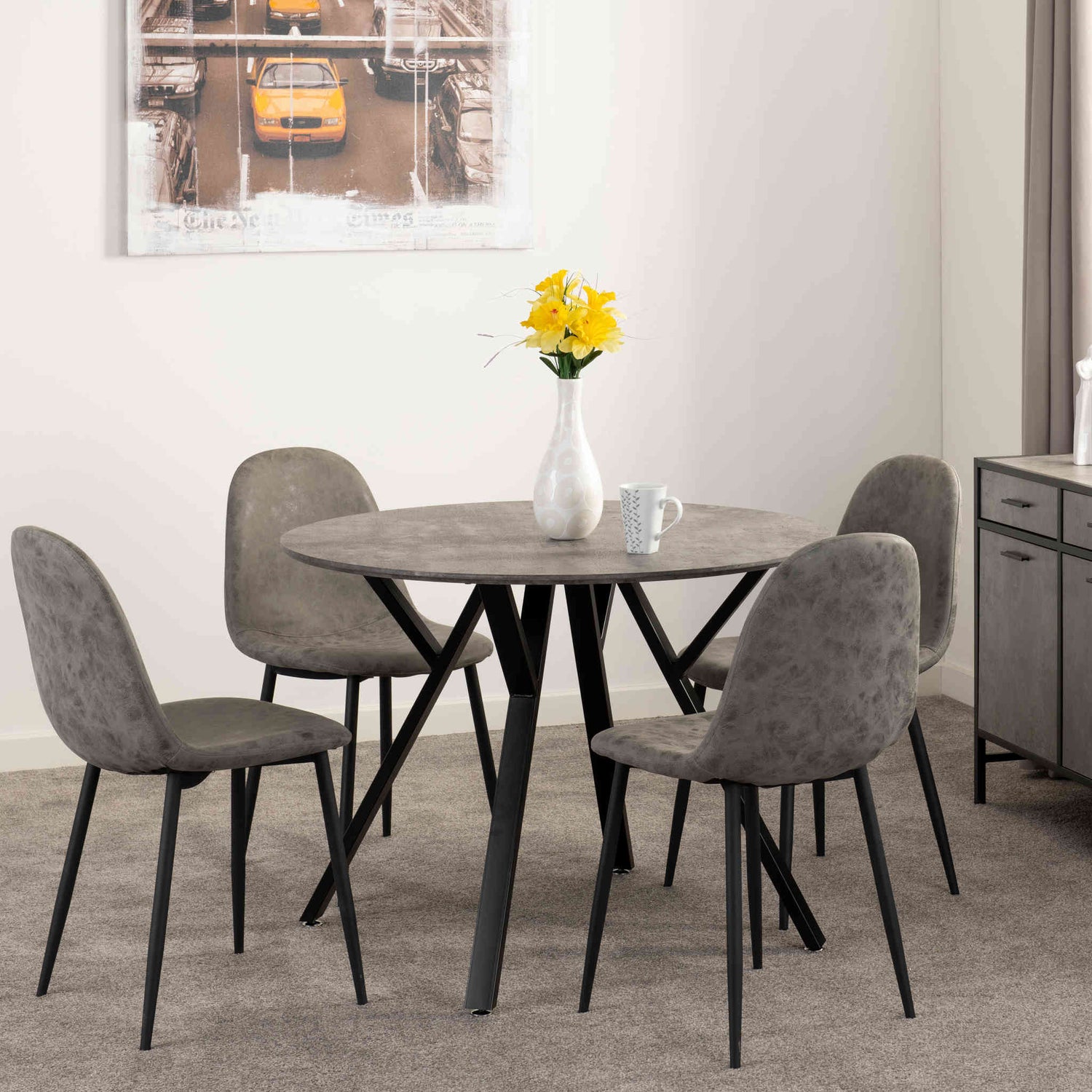 Athens Round Dining Set (Concrete Effect/Black/Grey Faux Leather)