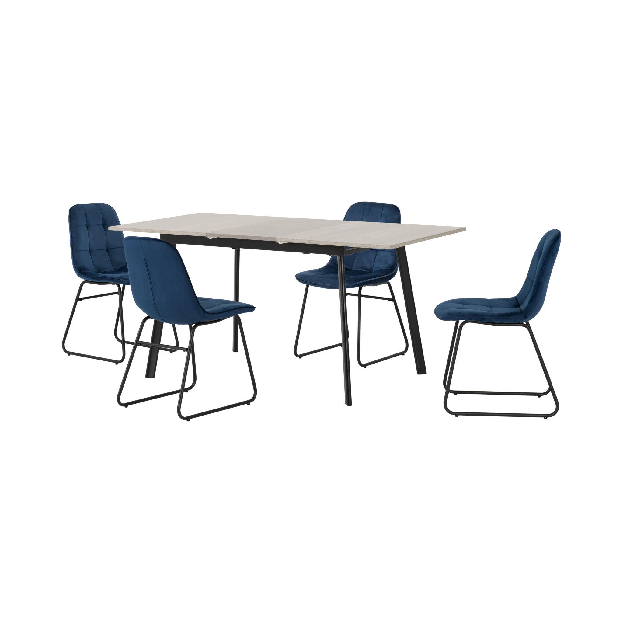 Avery Extending Dining Set with Lukas Chairs (Concrete/Grey Oak Effect/Black/Sapphire Blue Velvet)