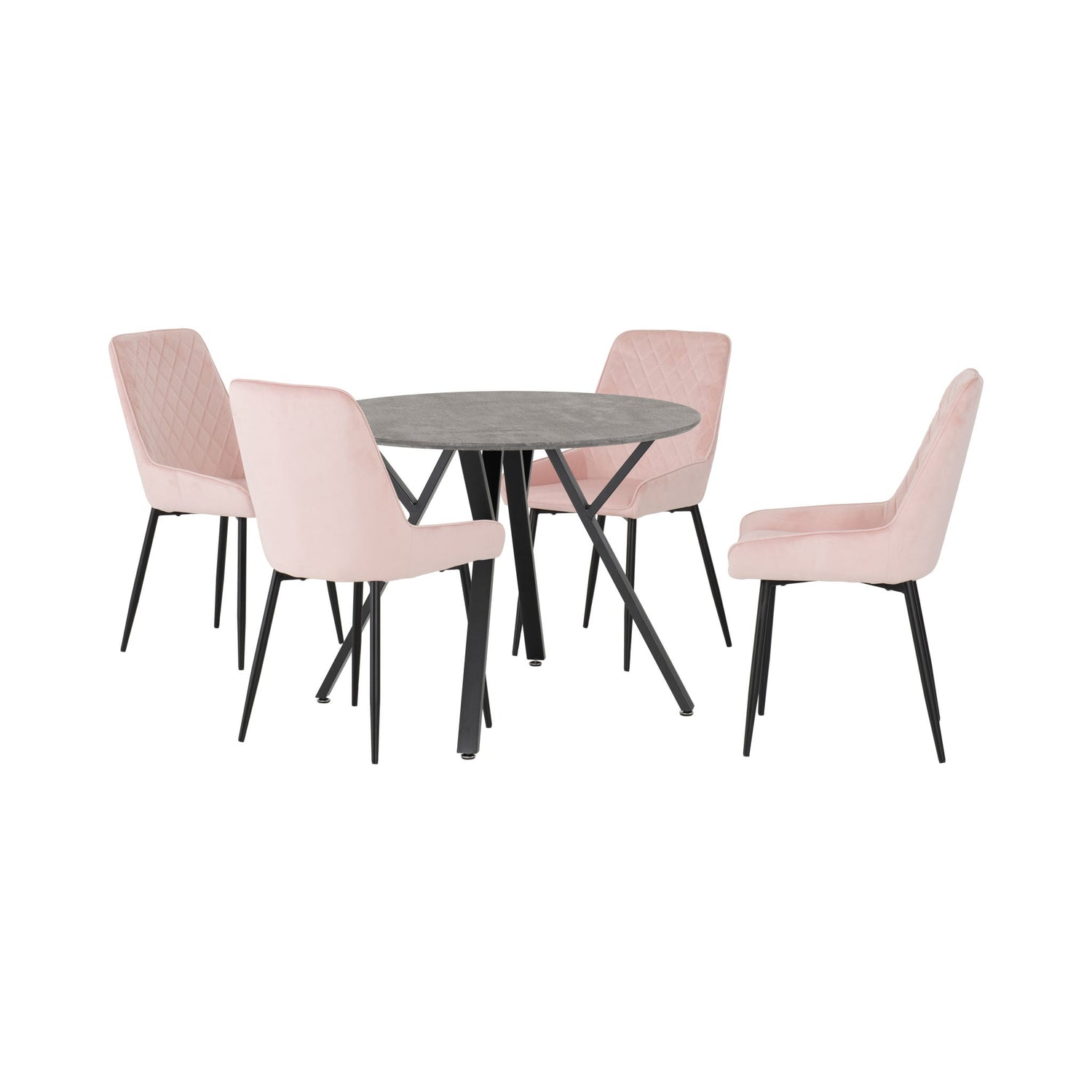 Athens Round Dining Set with Avery Chairs (Concrete Effect/Black/Baby Pink Velvet)