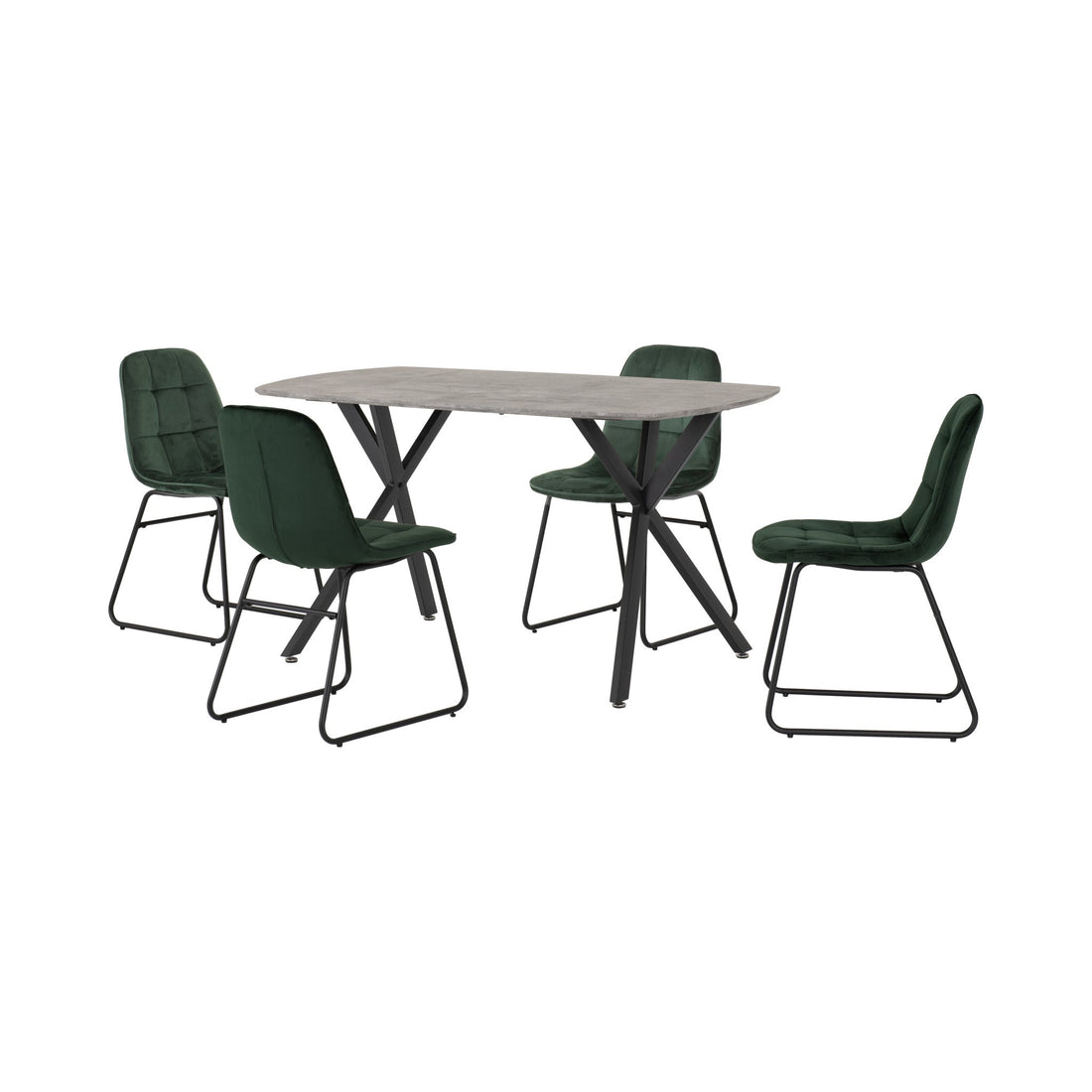 Athens Rectangular Dining Set with Lukas Chairs (Concrete Effect/Black/Emerald Green Velvet)