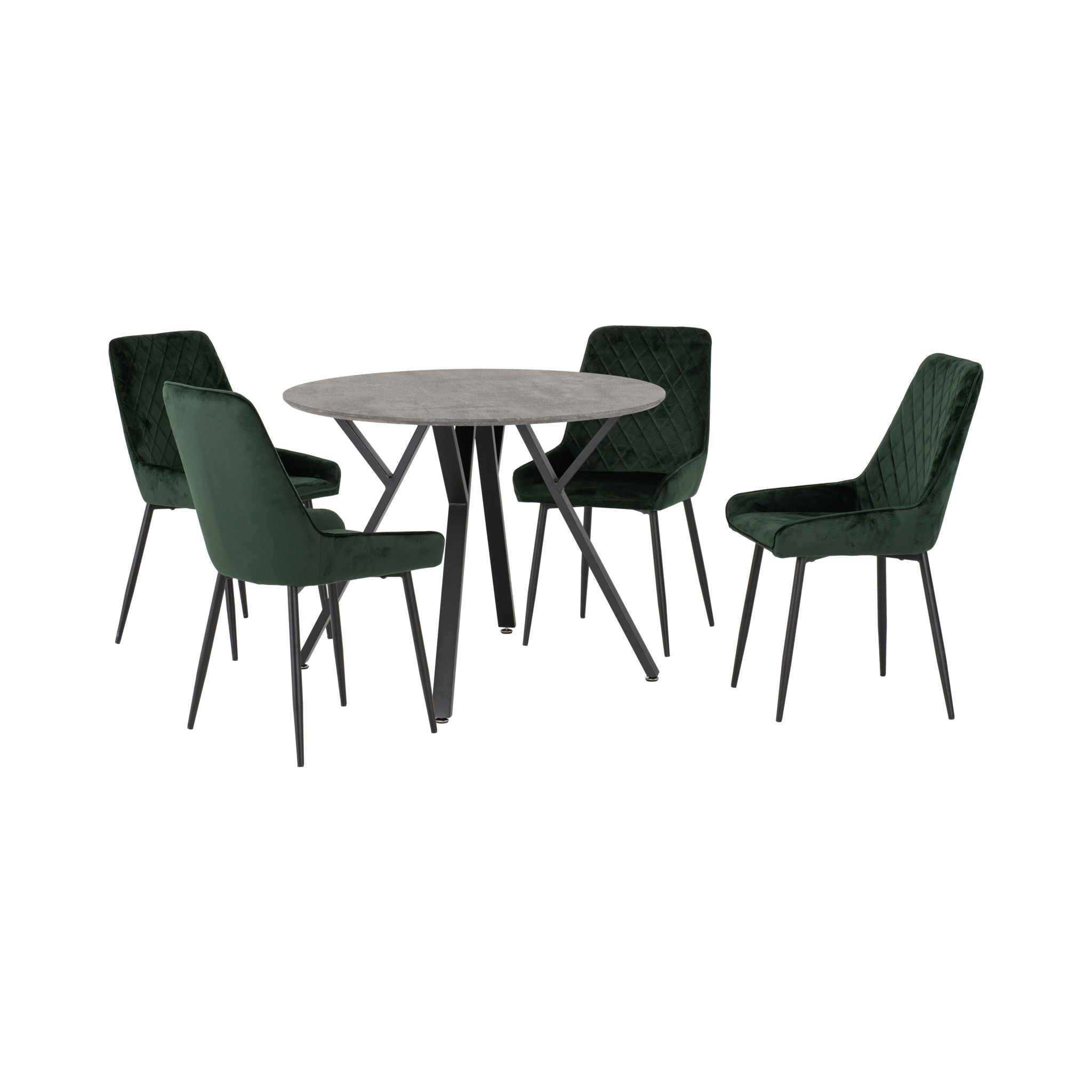 Athens Round Dining Set with Avery Chairs (Concrete Effect/Black/Emerald Green Velvet)