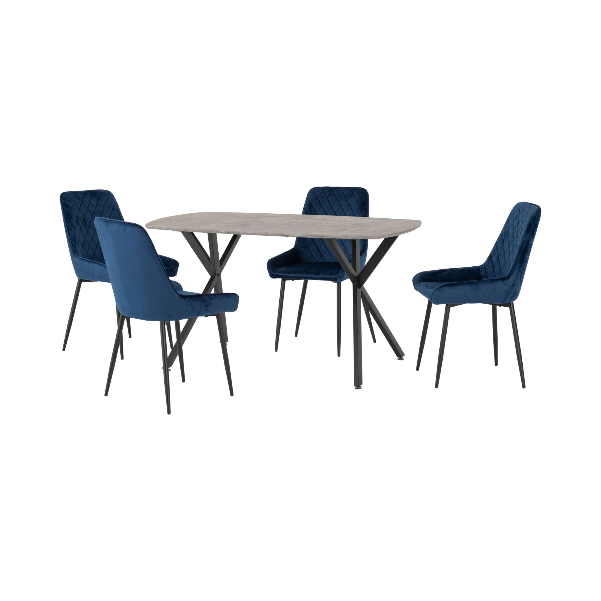 Athens Rectangular Dining Set with Avery Chairs (Concrete Effect/Black/Sapphire Blue Velvet)