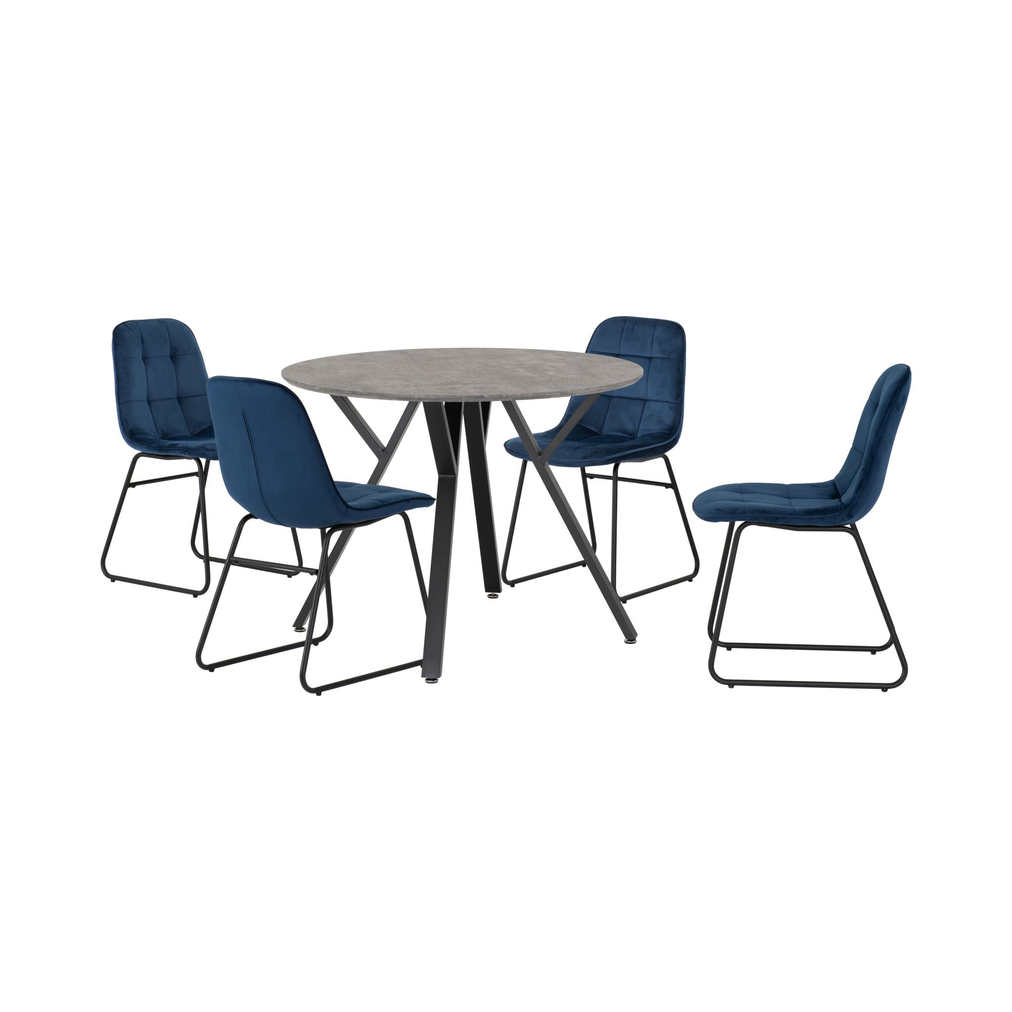 Athens Round Dining Set with Lukas Chairs (Concrete Effect/Black/Sapphire Blue Velvet)