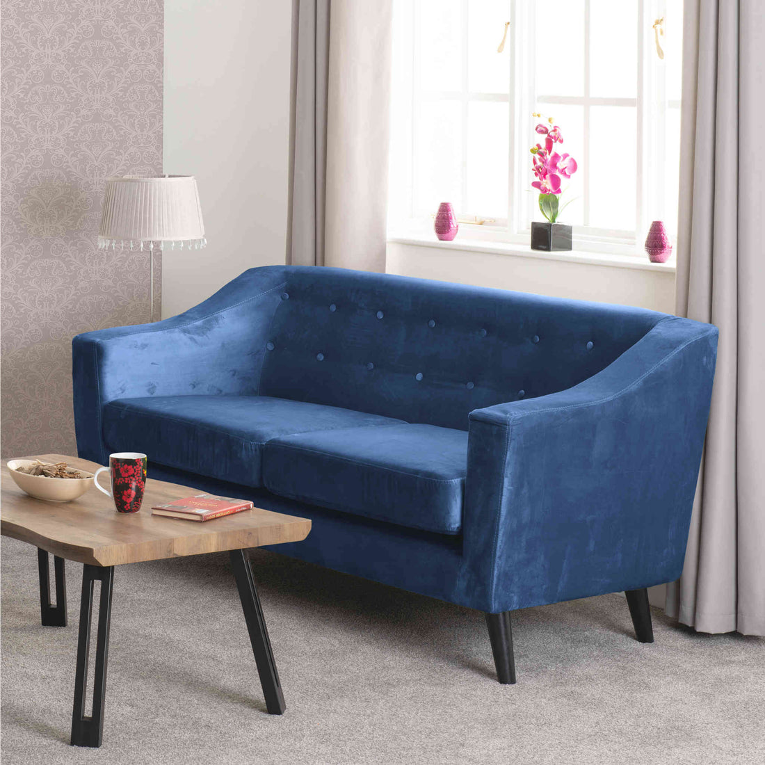 Ashley 2 Seater Sofa (Blue Velvet Fabric)