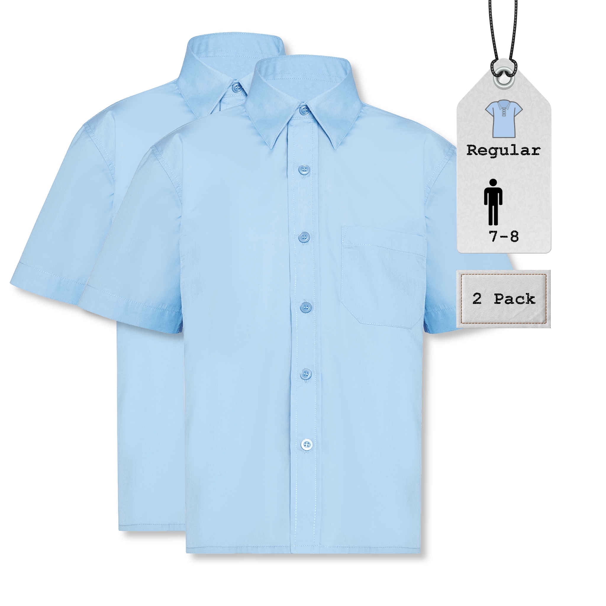 Boys Short Sleeve Shirts | Regular Fit | Blue | 7-8 Years | 2 Pack