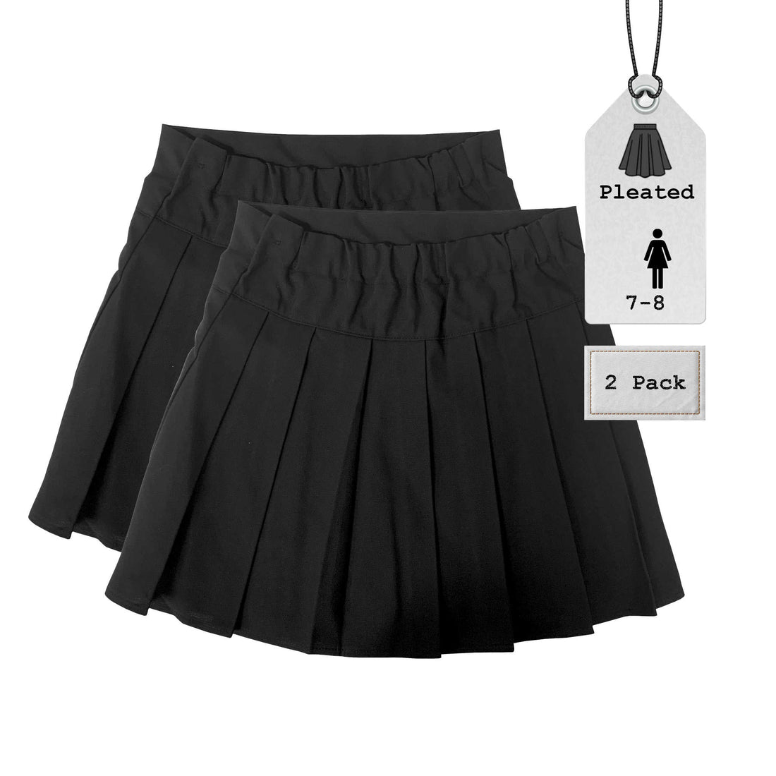 Girls Pleated Skirt | Black | 7-8 Years | 2 Pack