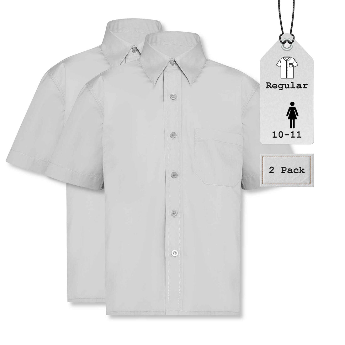 Girls Short Sleeve Shirts | Regular Fit | White | 10-11 Years | 2 Pack