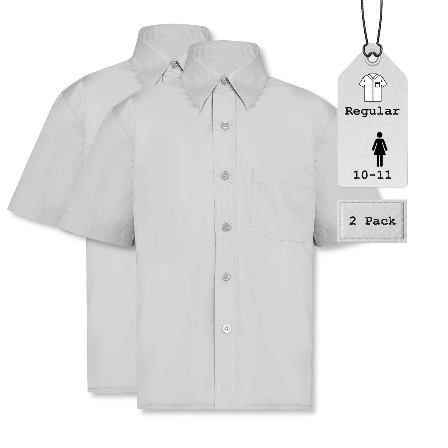 Girls Short Sleeve School Shirts | Regular Fit | White | 10-11 Years | 2 Pack