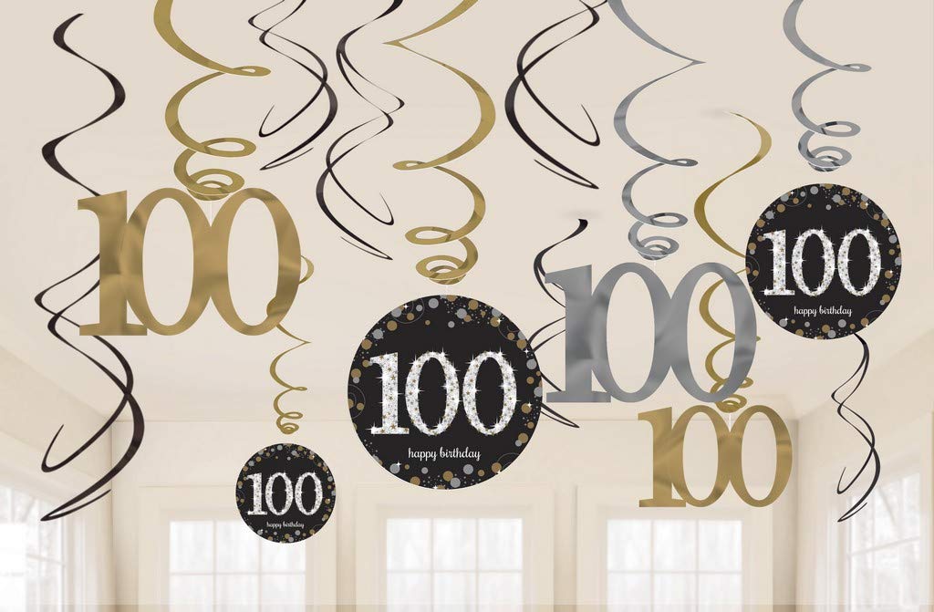 100th Swirl Decorations Glittery Gold | 12 Piece