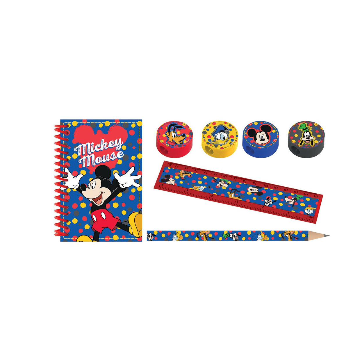 Disney Mickey Mouse Stationery Pack - 16 Pieces, Notepads, Pencils, Rulers & Sharpeners for Kids