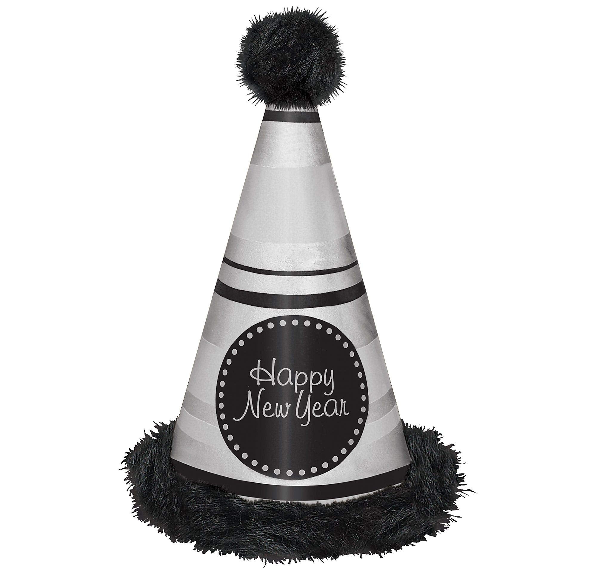 Happy New Year Black Fluffy Party Hat Silver 33cm
